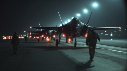Military aircraft are prepared for takeoff at an airbase during nighttime operations under bright runway lights