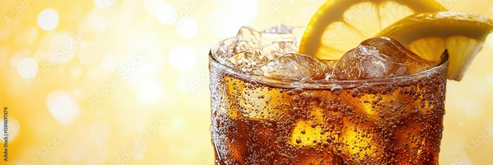 Poster Refreshing ice-cold soda with fizzy bubbles and lemon slices on a bright summer day