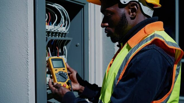 Electrician checking electrical panel with multimeter