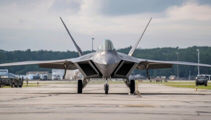 Fototapeta premium F-22 fighter jet taxiing on the runway at an airbase during a cloudy afternoon