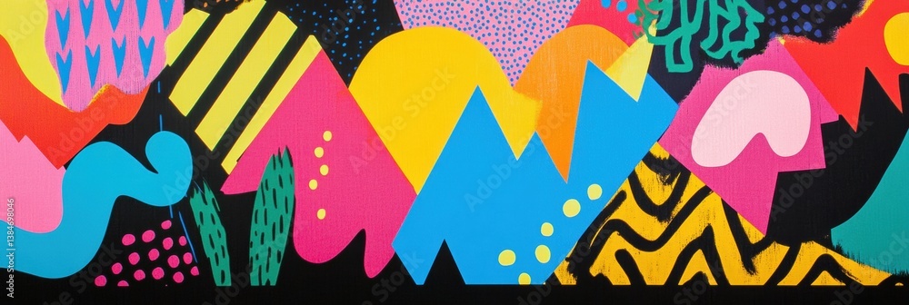 Poster bold geometric shapes and neon colors create a vibrant, retro-inspired memphis-style background that