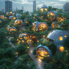 A futuristic eco-city with sustainable buildings, solar panels, and green spaces integrated into urban life