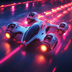 A futuristic drone racing competition with high-speed flying drones and neon lights