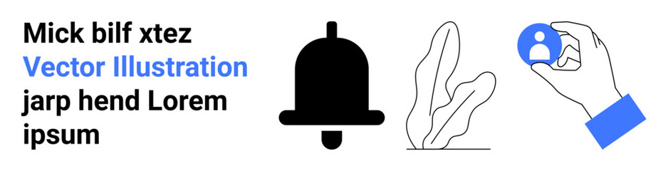 Notification bell, abstract plant, hand holding profile icon. Ideal for communication, alerts, profiles, organization, nature themes, minimal design simple landing page
