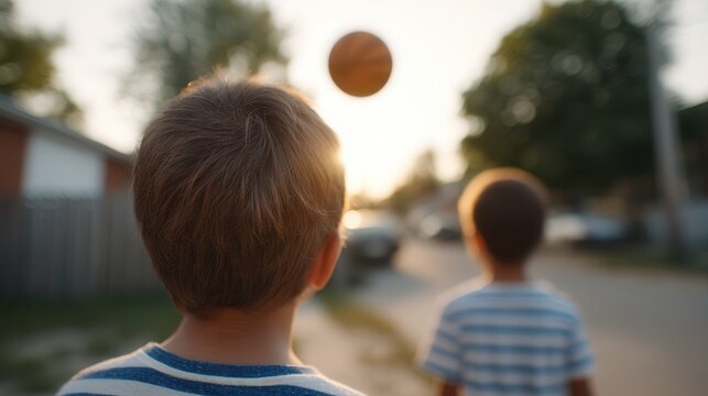 Two boys outdoors, one watching a basketball soaring in the sunset, capturing a moment of childhood joy and playfulness.