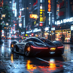 A futuristic electric car with a streamlined design, gliding smoothly through a neon-lit city street