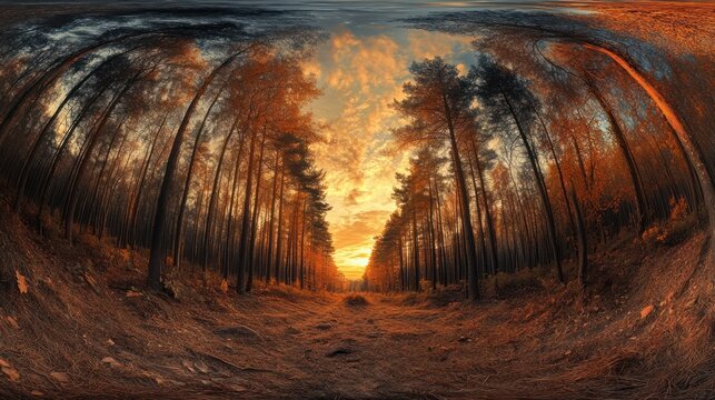 Autumn forest path panorama sunset, immersive view, possible use for virtual tours or nature wallpapers