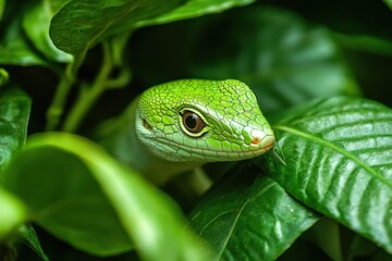 Fototapeta premium Green Gryllidae captures closeup view while feeding on lush green leaves in a vibrant garden setting, Close-up of a green Gryllidae eating the leaves of the plant