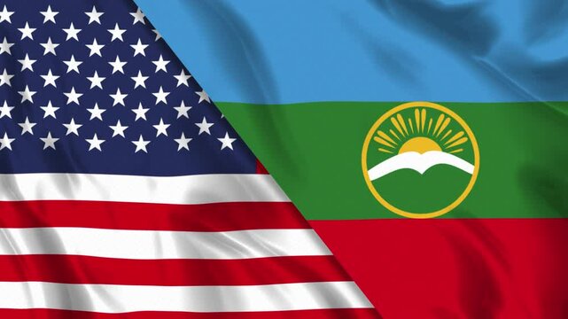 USA and Karachay Cherkessia Flag Waving Loop. Flag of the USA and Karachay Cherkessia