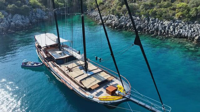 Aerial view of Gulet ship navigating the coastline under a blue sky