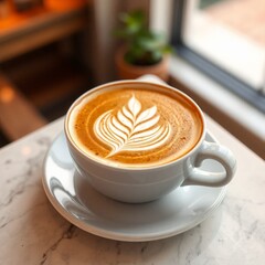 A hot cappuccino with chocolate art and foam sits in a white mug,cafe table