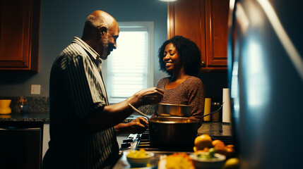 Couple enjoys cooking together in a cozy kitchen while sharing laughter and joy in the evening