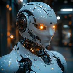 A futuristic humanoid robot with metallic surfaces and glowing eyes, standing in a high-tech lab