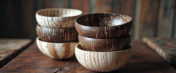 Fototapeta premium stack of handcrafted coconut shell bowls sits on a rustic wooden surface.