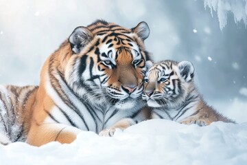 Fototapeta premium Siberian tiger family bonding in a snowy winter landscape, Siberian tiger family
