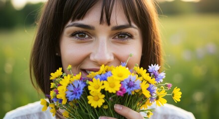 Naklejka premium Woman Smiling with a Bouquet of Vibrant Wildflowers in a Sunny Meadow