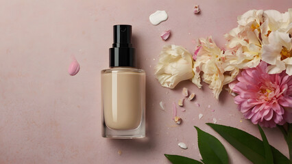 Glass bottle for foundation with dispenser on light pink background on right side flower petals