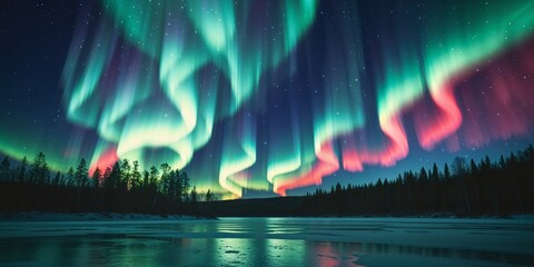 Obraz premium Beautiful Northern Lights Over Frozen Lake Scenery