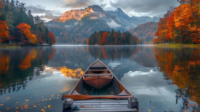 Serene Autumn Lake Scene Wooden Rowboat Docked at Calm Water with Stunning Mountain and Colorful Fall Foliage Reflection