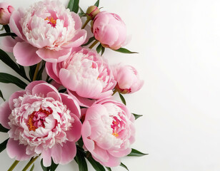 pink peonies on white background. delicate flowers card.
