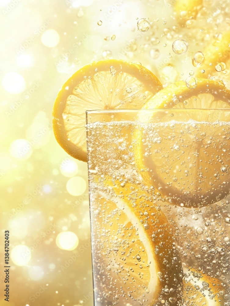 Poster Refreshing ice-cold soda with bubbles and lemon slices in a bright, vibrant setting creating a summery atmosphere