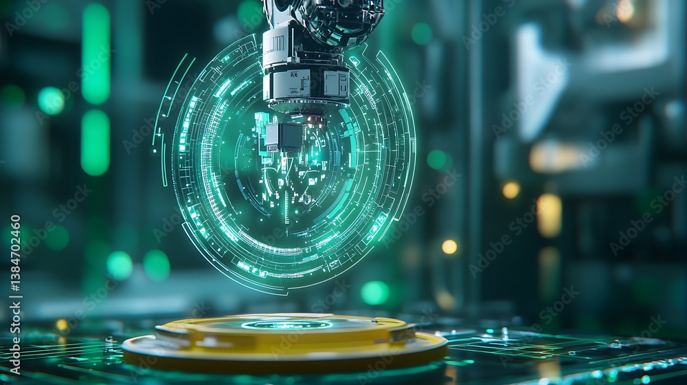 Poster futuristic robotic arm with digital interface and technology elements in high-tech environment