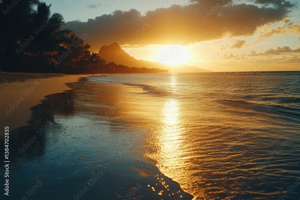 Poster sunset reflections on a serene beach with mountains in the background, camera moving left discoverin
