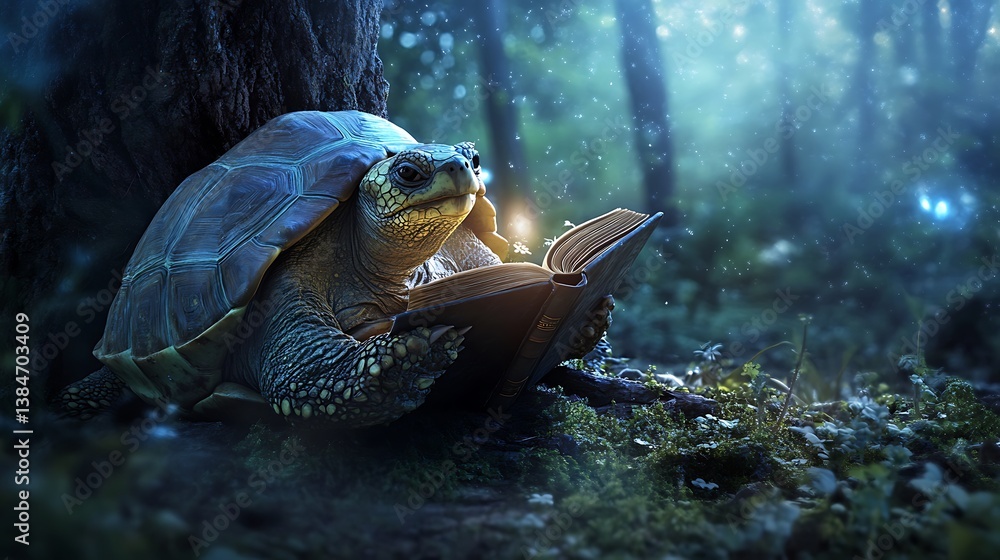 Poster enchanted turtle reading a book under trees with magical light and soft atmosphere