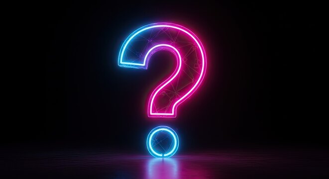 Neon question mark symbol on dark background for modern design concepts and creativity
