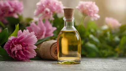 Bottle for cosmetics and essential oils with natural cork stopper on the back pink flowers
