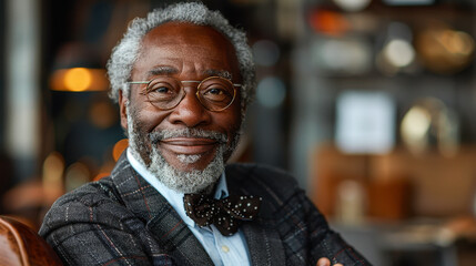 Fototapeta premium Confident Senior African American Businessman in Formal Attire with Bow Tie, Portrait on Isolated White Background, Professional Corporate Leader with Glasses, Indoor Setting