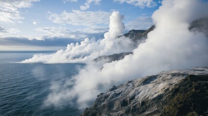 Obraz premium Rising clouds of steam veil the rugged shore, where the ocean’s surface glistens beneath a moody, otherworldly haze.