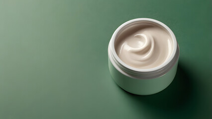 White jar with cream inside top view on green background
