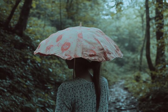 Woman with patterned umbrella walking through misty forest pathway during overcast day, fsdf