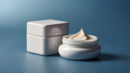 Two white glossy cream jars one square the other round, open with cream inside on a blue background