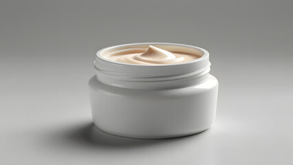 White jar with beige cream on light background