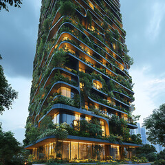 A futuristic skyscraper with an eco-friendly design, featuring vertical gardens and solar panels