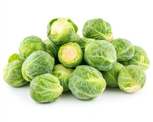 Fototapeta premium Fresh Green Brussels Sprouts Piled on White Background