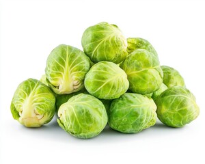 Fresh Green Brussels Sprouts Piled on White Background for Cooking