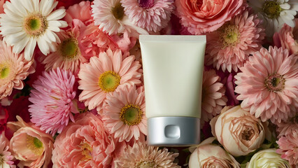 White tube for cosmetic products for cream lies on floral background