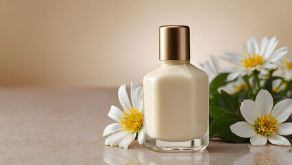 Cosmetic product bottle for cream beige color on background white flowers