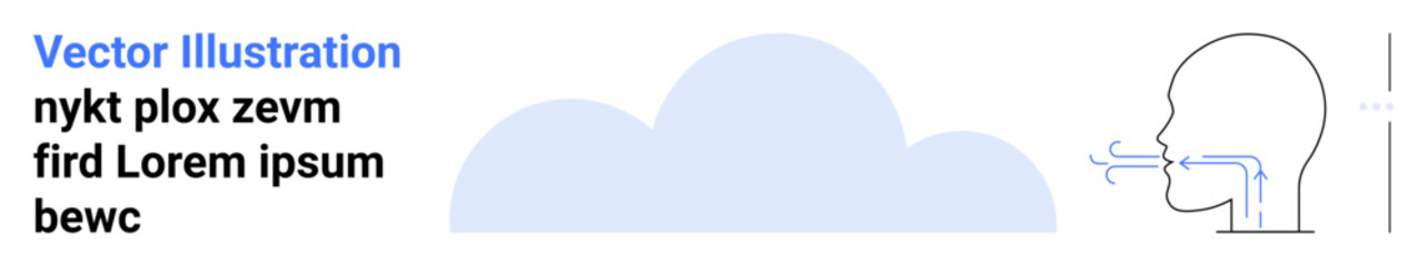 Cross-section of human head displaying airflow arrows, set alongside a soft blue cloud. Ideal for health, anatomy, respiration, wellness, environment, education, simple landing page
