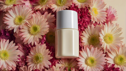 Cosmetic product jar for cream lies on pink and white flowers