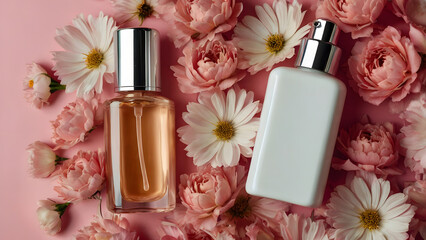 Two bottles for cosmetic and perfume products, one transparent glass, the other white glossy, lie on a floral background