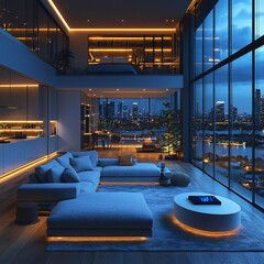 A futuristic smart home with automated lighting, temperature control, and voice-activated systems