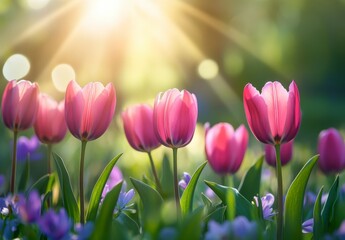 Vibrant Pink Tulips in Bloom with Soft Sunlight and Green Background