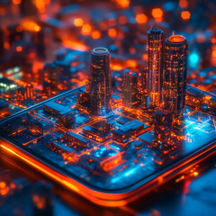 A futuristic smartphone with a holographic screen projecting a 3D map of a city