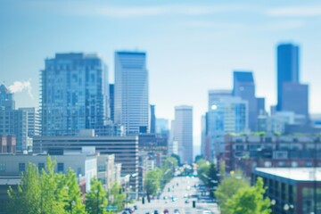 Fototapeta premium Soft Focus Modern Cityscape with Skyscrapers and Clear Sky View