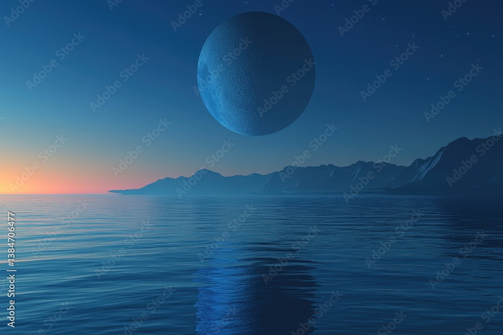 Aufkleber blue moon sets gently over the calm ocean waves at dawn's first light, blue colored moon setting slo