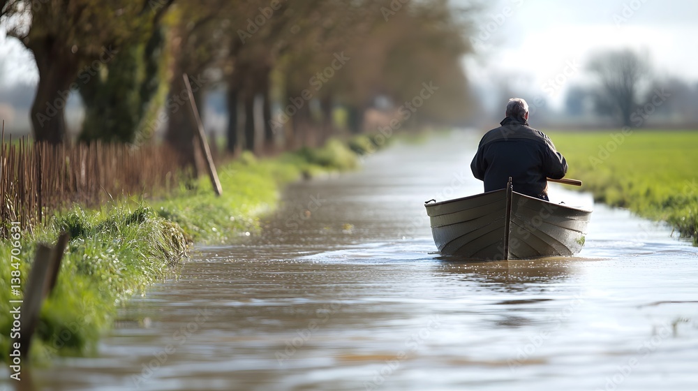 Poster Man Rowing Boat Through Flooded Fields Under Calm Sky